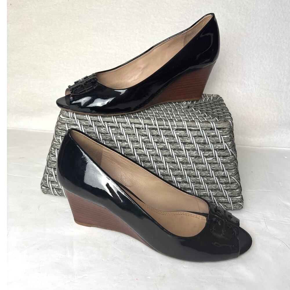Tory Burch Lowell Patent Peep Toe Wedge Black Patent Leather Size 8